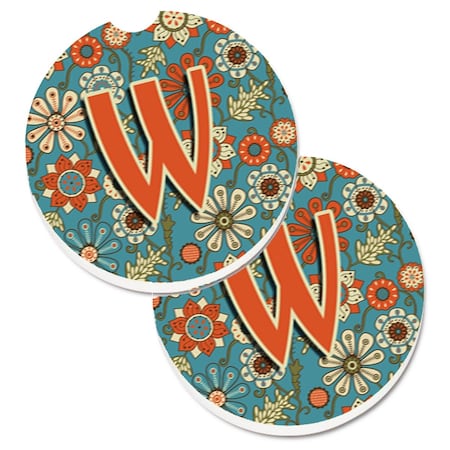 Carolines Treasures Letter W Flowers Retro Blue  Cup Holder Car Coaster, PK2 CJ2012-WCARC